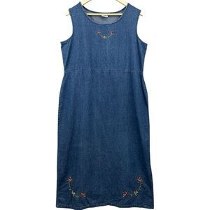 Vintage Embroidered Blue Denim Sleeveless Dress Size 16